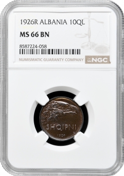 Албанія 10 кіндар 1926 R, NGC MS66 BN, "Королівство Албанія (1925 - 1938)"