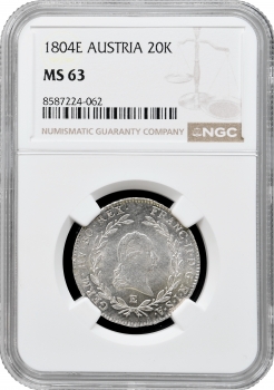 Австрія 20 крейцерів 1804 E, NGC MS63, "Імператор Франциск II (1792 - 1806)" Pop 1/1