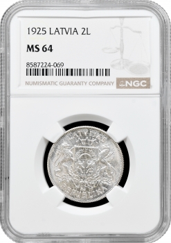 Латвія 2 лати 1925 р., NGC MS64, "Перша Республіка (1922 - 1940)"