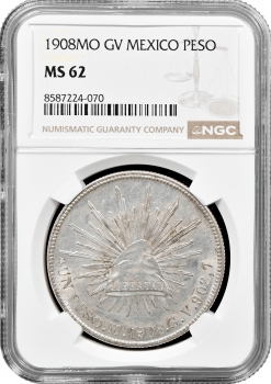 Мексика 1 песо 1908 Mo GV, NGC MS62, "Мексиканські Сполучені Штати (1905 - 1969)"