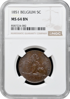 Бельгія 5 сантимів 1851, NGC MS64 BN, "Король Леопольд I (1832 - 1865)" Pop 8/1