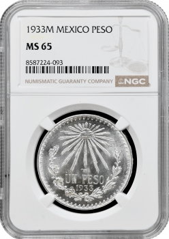 Мексика 1 песо 1933 р. Mo, NGC MS65, "Мексиканські Сполучені Штати (1905 - 1969)"