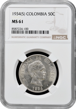 Колумбія 50 сентаво 1934 (S), NGC MS61, "Президент Симон Болівар (1819 - 1830)"