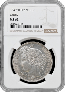 Франція 5 франків 1849 BB, NGC MS62, "Друга Республіка (1848 - 1851)"