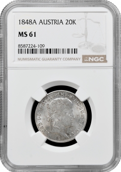 Австрія 20 крейцерів 1848 A, NGC MS61, "Імператор Фердинанд I (1835 - 1848)"