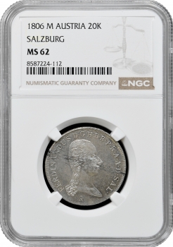 Зальцбург 20 крейцерів 1806 р M, NGC MS62, "Князь-архієпископ Фердинанд III (1803 - 1806)" Pop 1/1