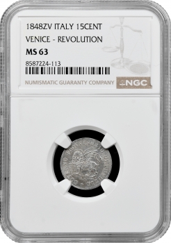 Венеція 15 чентезімо 1848 р. ZV, NGC MS63, "Республіка Сан-Марко (1848 - 1849)"