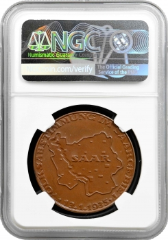 Німеччина - Третій рейх, бронзова медаль 1935 р., NGC MS65 BN, "Воз'єднання Саара" Top Pop 1/0