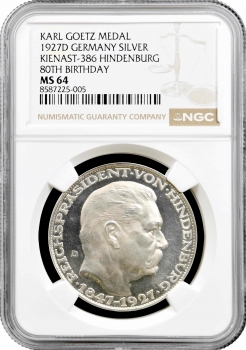 Веймарська Республіка Медаль Карла Гетца 1927 р. D, NGC MS64, "80 років Гінденбургу"