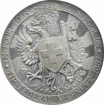 Швейцарія срібна медаль 1887 р., NGC UNC Det., "Женівський стрілецький фестиваль"