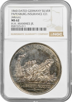 Німеччина срібна медаль 1860 р., NGC MS62, "Страхова компанія Папенбург"