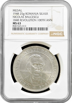 Румунія срібна медаль 1948 р., NGC MS63, "Микола Бєлческу - 100-річчя Революції"