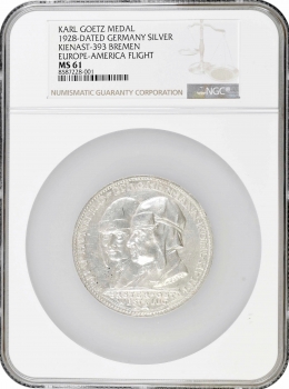 Веймарська Республіка Медаль 1928 р., NGC MS61, "Трансатлантичний переліт Бремена"