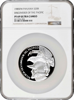 Панама 20 бальбоа 1985 FM, NGC PF69 UC, "Бальбоа, першовідкривач Тихого океану"