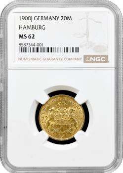 Гамбург 20 марок 1900 р. J, NGC MS62, "Вільне місто Гамбург (1871 - 1918)" золото