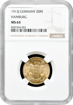 Гамбург 20 марок 1913 р. J, NGC MS64, "Вільне місто Гамбург (1871 - 1918)" золото