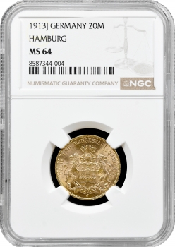 Гамбург 20 марок 1913 р. J, NGC MS64, "Вільне місто Гамбург (1871 - 1918)" золото
