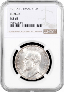 Липпе-Детмольд 3 марки 1913 A, NGC MS63, "Князь Леопольд IV (1905 - 1918)"