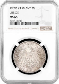 Любек 3 марки 1909 р. A, NGC MS65, "Вільний місто Любек (1871 - 1918)"