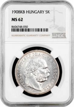 Угорщина 5 крон 1908 KB, NGC MS62, "Імператор Франц Йосип I (1867 - 1916)"