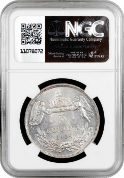 Угорщина 5 крон 1908 KB, NGC MS62, "Імператор Франц Йосип I (1867 - 1916)"