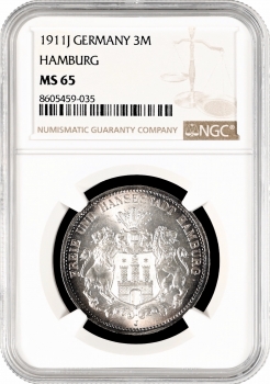 Гамбург 3 марки 1911 р. J, NGC MS65, "Вільне місто Гамбург (1871 - 1918)"