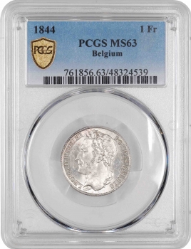 Бельгія 1 франк 1844 р., PCGS MS63, "Король Леопольд I (1832 - 1865)" Top Pop 2/0