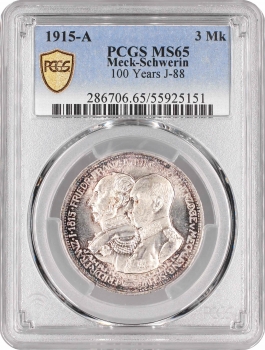 Мекленбург-Шверин 3 марки 1915 г. А, PCGS MS65, "100 лет Великому Герцогству Мекленбург-Шверин"