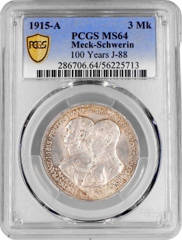 Мекленбург-Шверин 3 марки 1915 г. А, PCGS MS64, "100 лет Великому Герцогству Мекленбург-Шверин"