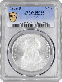 Саксен-Мейнинген 5 марок 1908 г. D, NGC MS64, "Герцог Георг II (1866 - 1914)"