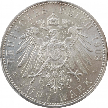 Саксен-Мейнинген 5 марок 1908 г. D, NGC MS64, "Герцог Георг II (1866 - 1914)"