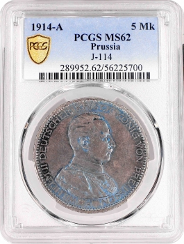 Пруссия 5 марок 1914 г. А, PCGS MS62, "Король Вильгельм II (1888 – 1918)"