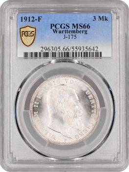 Вюртемберг 3 марки 1912 г. F, PCGS MS66, "Король Вильгельм II (1891 – 1918)"