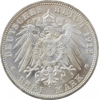 Вюртемберг 3 марки 1912 г. F, PCGS MS66, "Король Вильгельм II (1891 – 1918)"