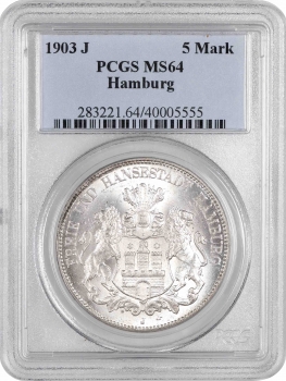 Гамбург 5 марок 1903 г. J, PCGS MS64, "Вольный город Гамбург (1871 - 1918)"