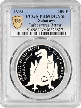 Західна Сахара 500 песет 1993 р., PCGS PR69 DCAM, "Доісторичні тварини - Тарбозавр Батаар"