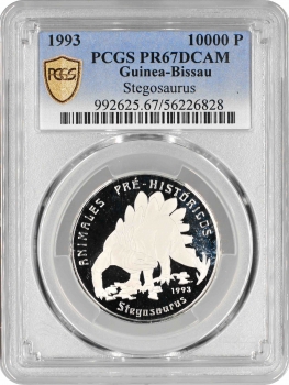Гвінея-Бісау 10.000 песо 1993 р., PCGS PR67 DCAM, "Доісторичні тварини - Стегозавр"