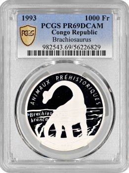 Республіка Конго 1000 франків 1993 р., PCGS PR69 DCAM, "Брахіозавр" Top Pop 2/0