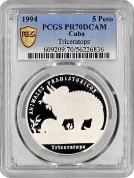 Куба 5 песо 1994 р., PCGS PR70 DCAM, "Доісторичні тварини - Трицератопс" Top Pop 1/0
