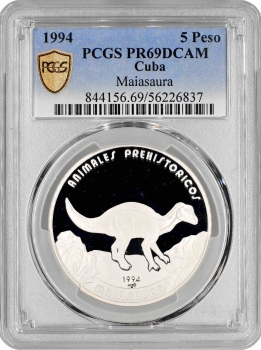 Куба 5 песо 1994 р., PCGS PR69 DCAM, "Доісторичні тварини - Майазавр" Top Pop 1/0