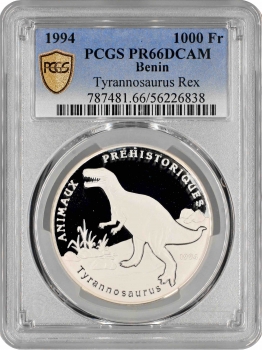 Бенін 1000 франків 1994 р., PCGS PR66 DCAM, "Доісторичні тварини - Тиранозавр Рекс"