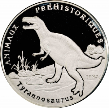 Бенін 1000 франків 1994 р., PCGS PR66 DCAM, "Доісторичні тварини - Тиранозавр Рекс"