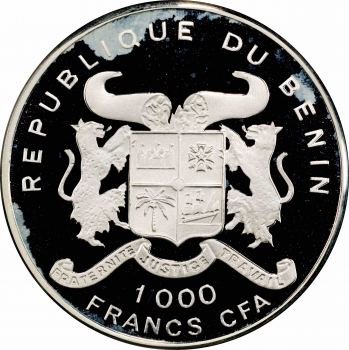 Бенін 1000 франків 1994 р., PCGS PR66 DCAM, "Доісторичні тварини - Тиранозавр Рекс"