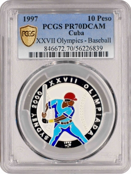 Куба 10 песо 1997 р., PCGS PR70 DCAM, "Олімпійські Ігри, Сідней 2000 - Бейсбол" Top Pop 1/0