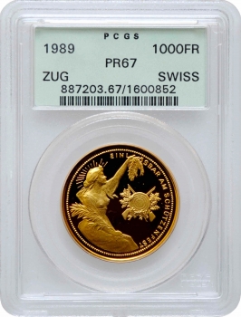 Швейцария 1000 франков 1989 г., PCGS PR67, "Стрелковый фестиваль в Менцингене"