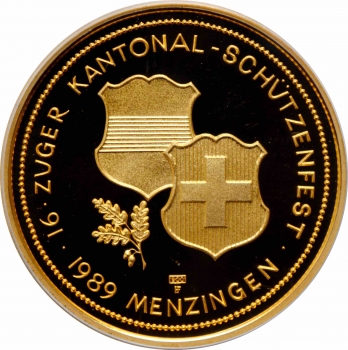 Швейцария 1000 франков 1989 г., PCGS PR67, "Стрелковый фестиваль в Менцингене"