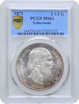 Нидерланды 2 1/2 гульдена 1872 г., PCGS MS62, "Король Виллем III (1849 - 1890)"