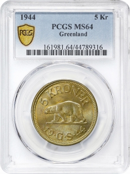 Гренландия 5 крон 1944 г., PCGS MS64, "Датская колония (1926 - 1964)"