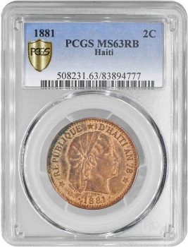 Гаити 2 сантима 1881 г., PCGS MS63 RB, "Республика Гаити (1863 - 1985)"