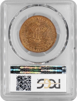 Гаити 2 сантима 1881 г., PCGS MS63 RB, "Республика Гаити (1863 - 1985)"